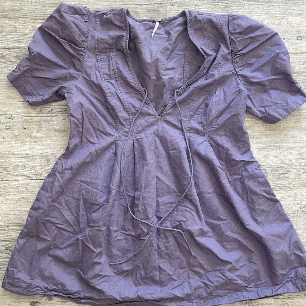 Purple Free People V Neck Puff Sleeve Mini Dress - Picture 1 of 3